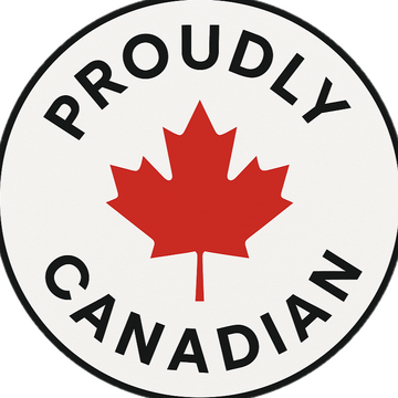 Maple leaf with text that reads proudly Canadian